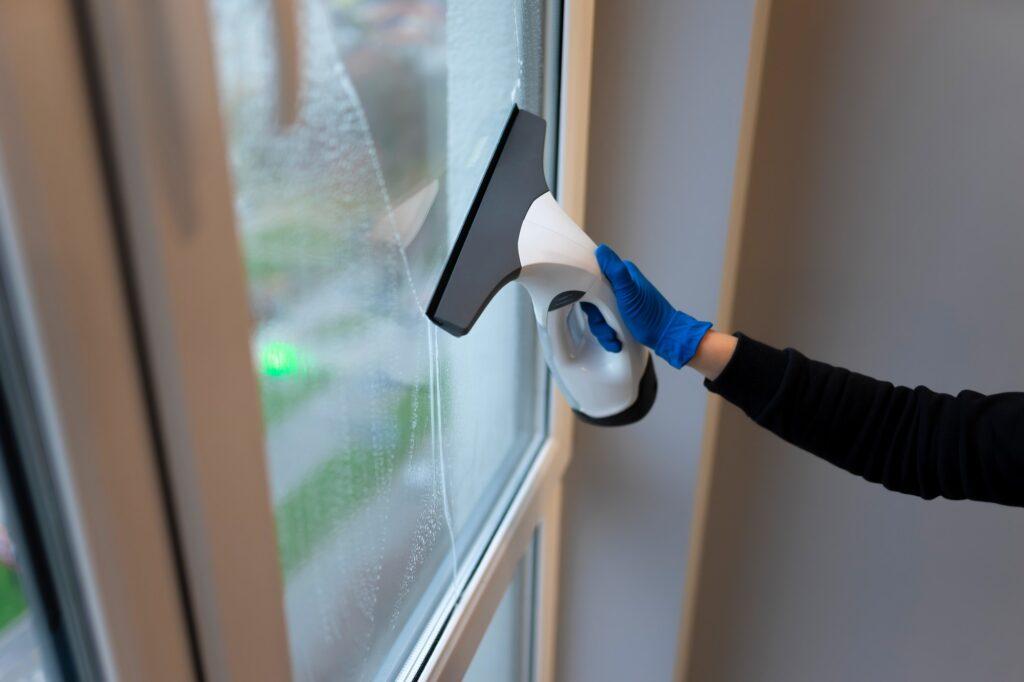 Window cleaning with electric vacuum cleaner. Clean windows concept